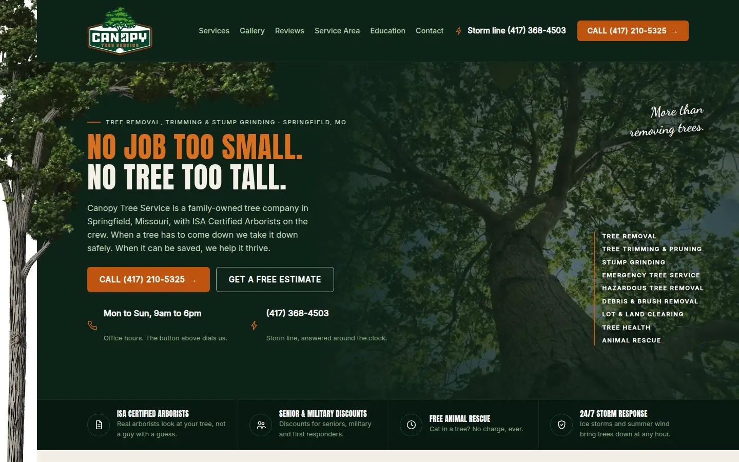 The home page of Canopy Tree Service's website