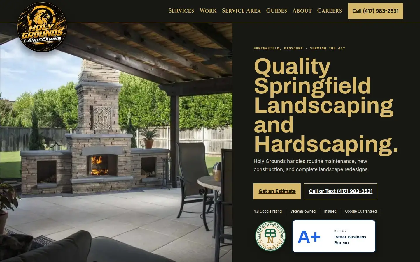The home page of Holy Grounds Landscaping's website
