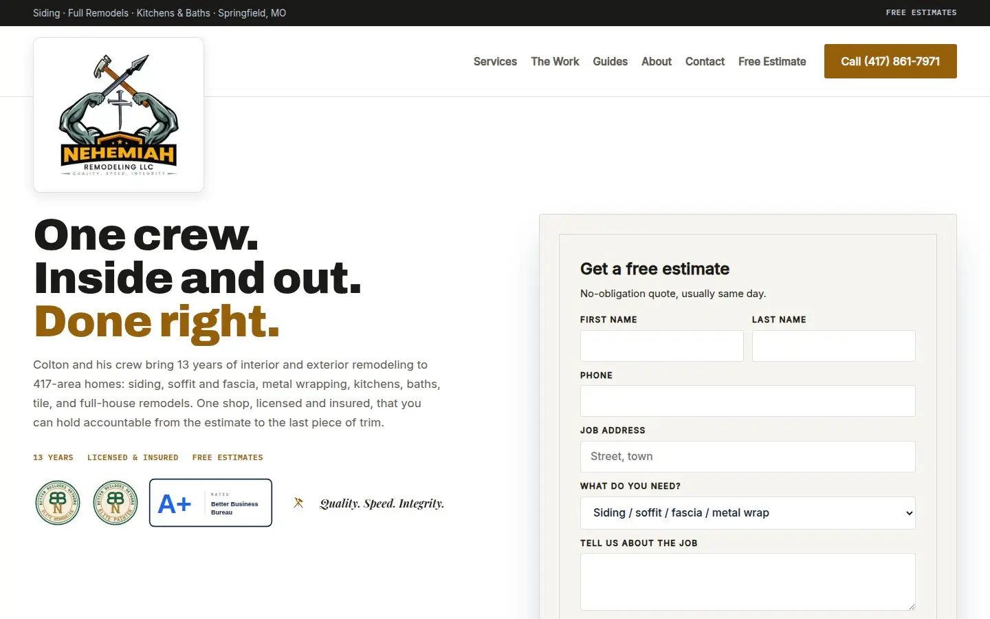 The home page of Nehemiah Remodeling's website