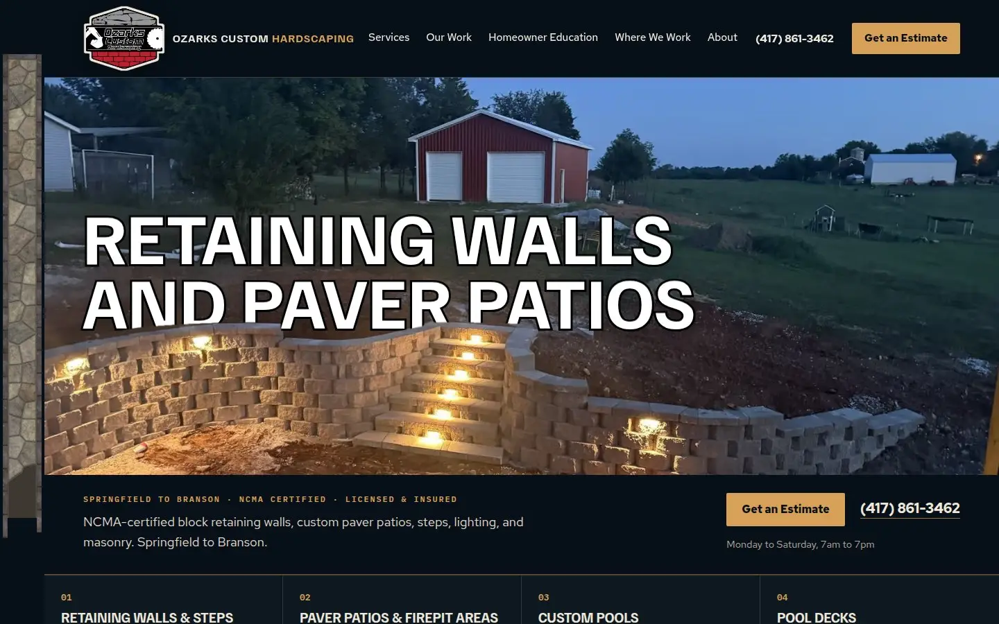 The home page of Ozarks Custom Hardscaping's website